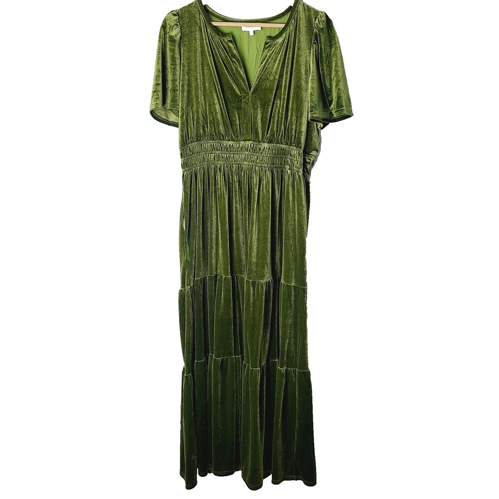 Bohme Maxi Dress M Olive Green Velvet Stretch‎ Tiered Short Sleeve Occasion